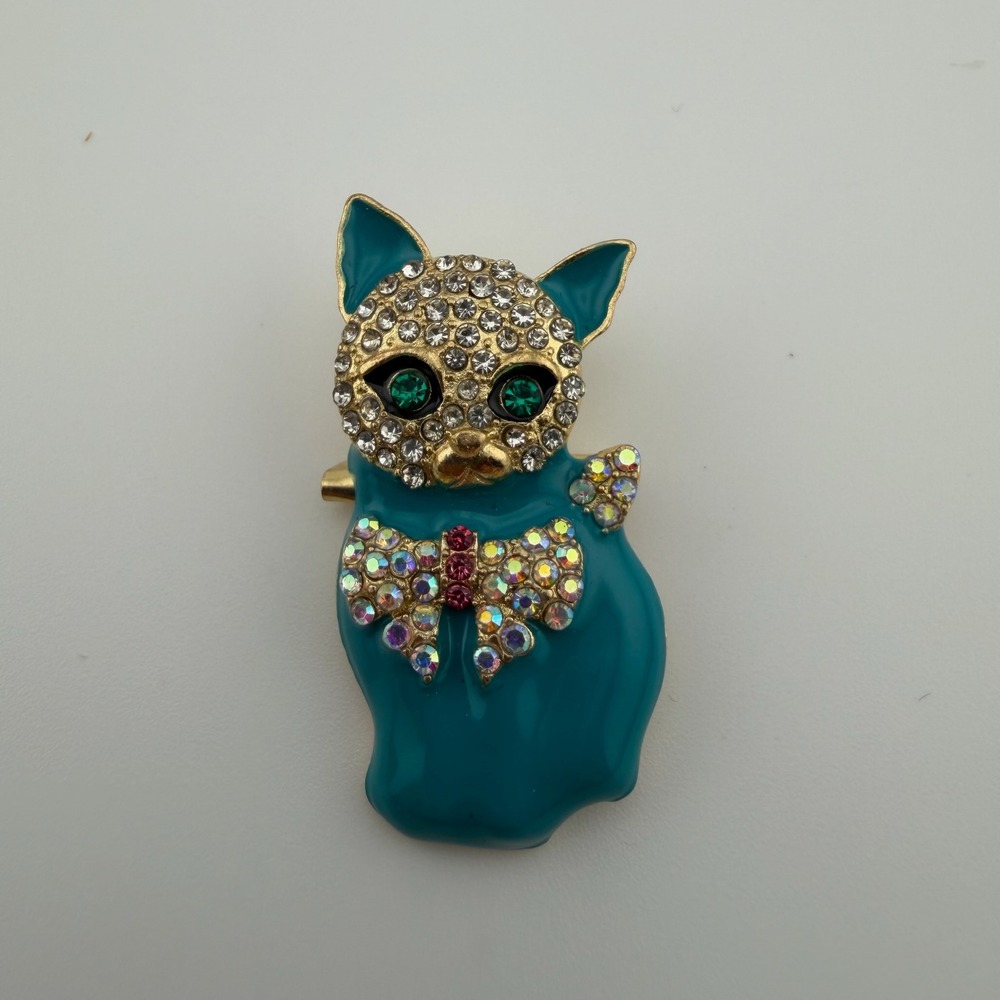 Small Teal Gold Tone Enamel Rhinestone Cat Brooch Pin